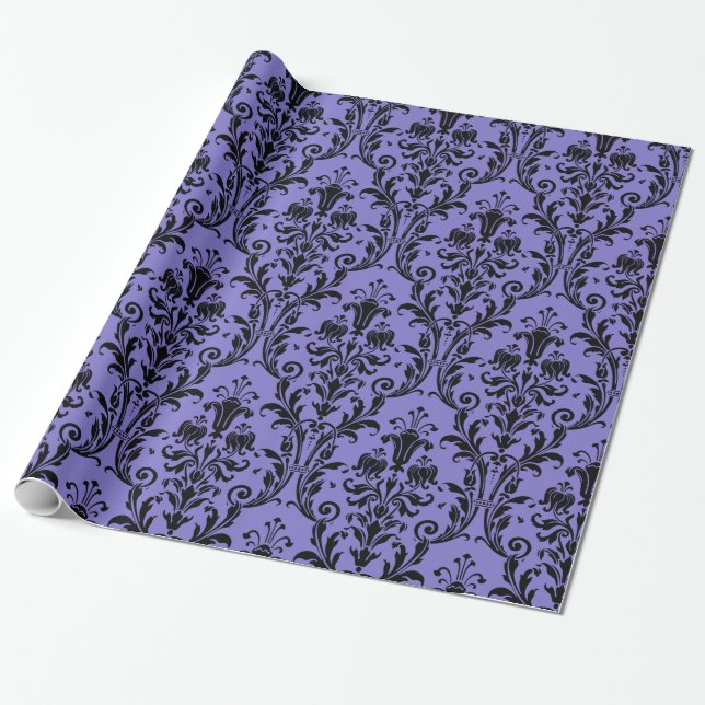 Victorian Purple & Black Floral Swirl Damask Wrapping Paper (Unrolled)