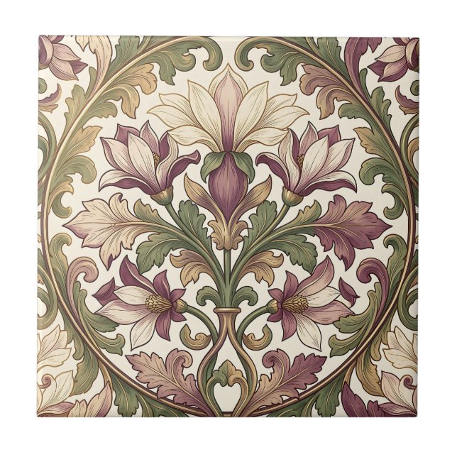 Victorian Purple Cream Ornate Floral  Tile (Front)