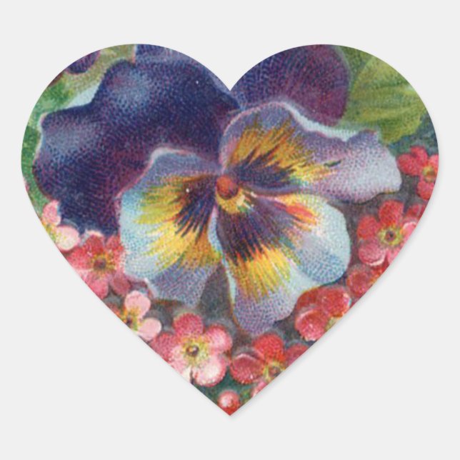 Victorian Purple Pansy Bouquet for Mother's Day Heart Sticker (Front)