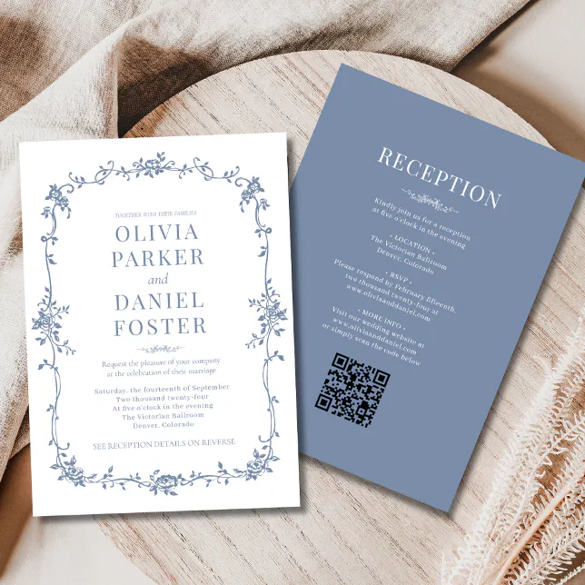 Victorian QR Code All in One Dusty Blue Wedding Invitation | Zazzle