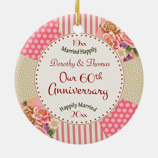 Victorian Quilt 60th Anniversary Christmas Gifts Ceramic Tree Decoration (Back)