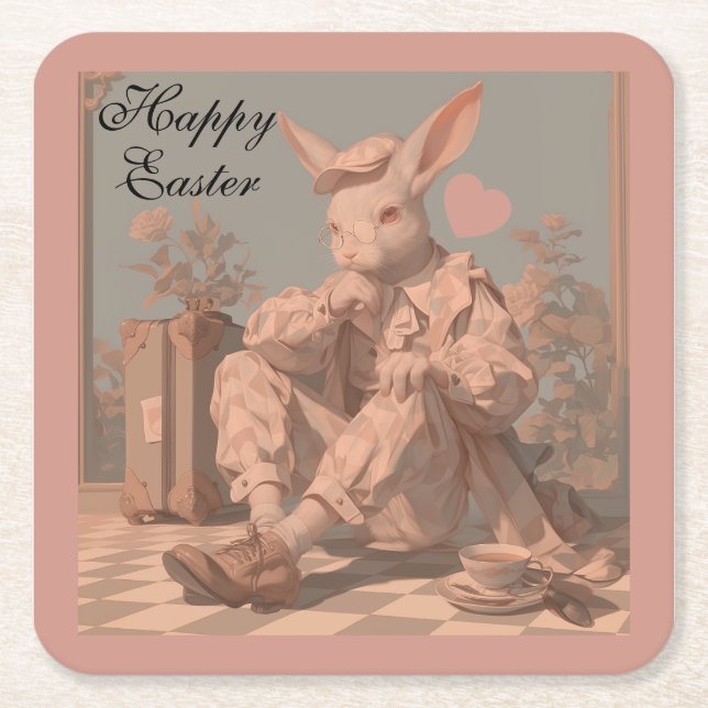 Victorian Rabbit Waits, Rabbit Boy, Spring Square Paper Coaster (Front)