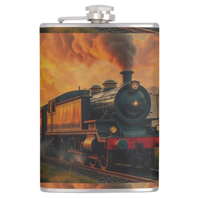 Victorian Rail Travel - Steampunk Steam Train Hip Flask (Front)