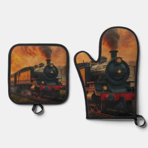 Victorian Rail Travel - Steampunk Steam Train Oven Mitt & Pot Holder Set