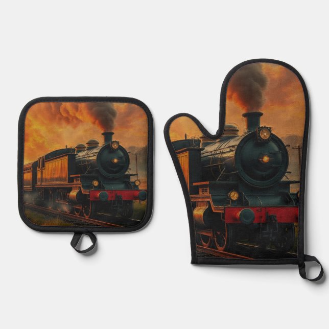 Victorian Rail Travel - Steampunk Steam Train Oven Mitt & Pot Holder Set (Front)
