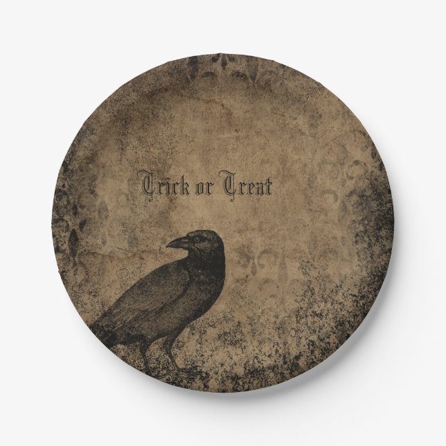 Victorian raven Illustration Halloween themed Paper Plate (Front)