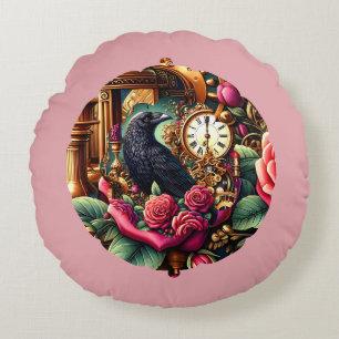 Victorian Raven with Vintage Flowers and Clockwork Round Cushion