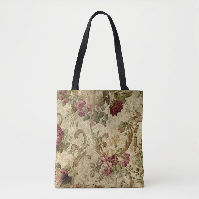 Victorian Red and Pink Roses and Gold Scrolls Tote Bag (Front)