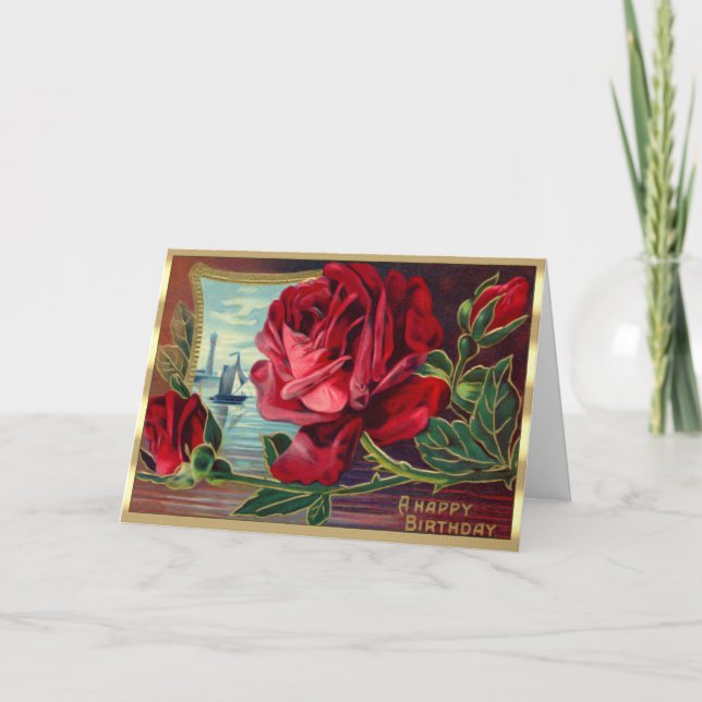 Victorian Red Flowers Water Boat Scene Birthday Card (Front)