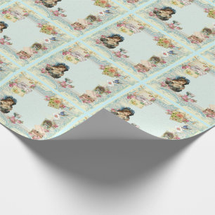 Victorian Red Rose French Script Writing Romantic Wrapping Paper