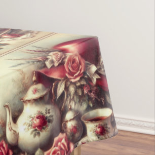 Victorian Red Rose Hat and Teapot Tablecloth