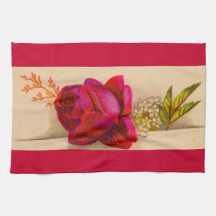 Victorian red rose tea towel