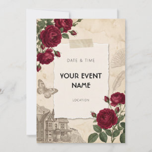 Victorian Red Rose Vintage Collage Frame Invitation