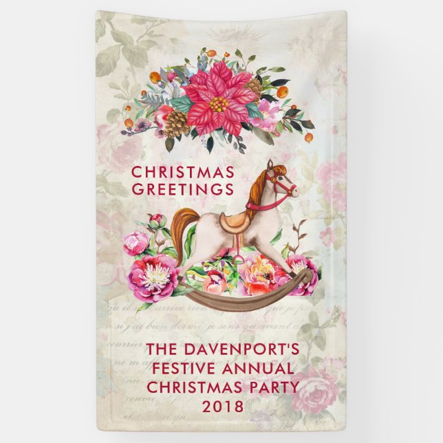 Victorian Rocking Horse & Poinsettia Christmas Banner (Vertical)