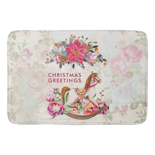 Victorian Rocking Horse & Poinsettia Christmas Bath Mat (Front)