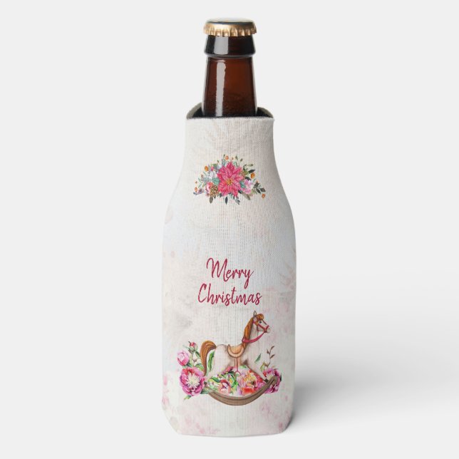 Victorian Rocking Horse & Poinsettia Christmas Bottle Cooler (Bottle Front)