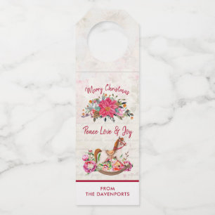 Victorian Rocking Horse & Poinsettia Christmas Bottle Tag