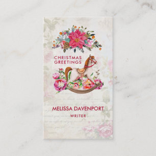 Victorian Rocking Horse & Poinsettia Christmas Business Card