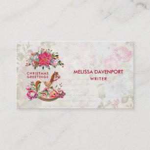 Victorian Rocking Horse & Poinsettia Christmas Business Card