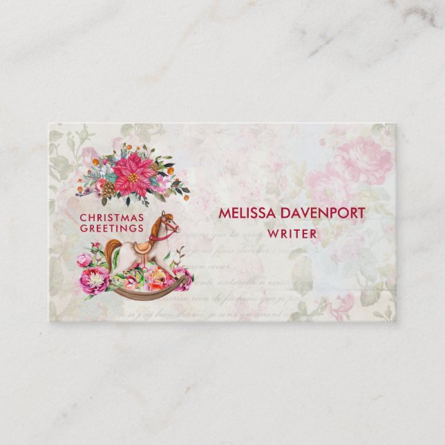 Victorian Rocking Horse & Poinsettia Christmas Business Card (Front)