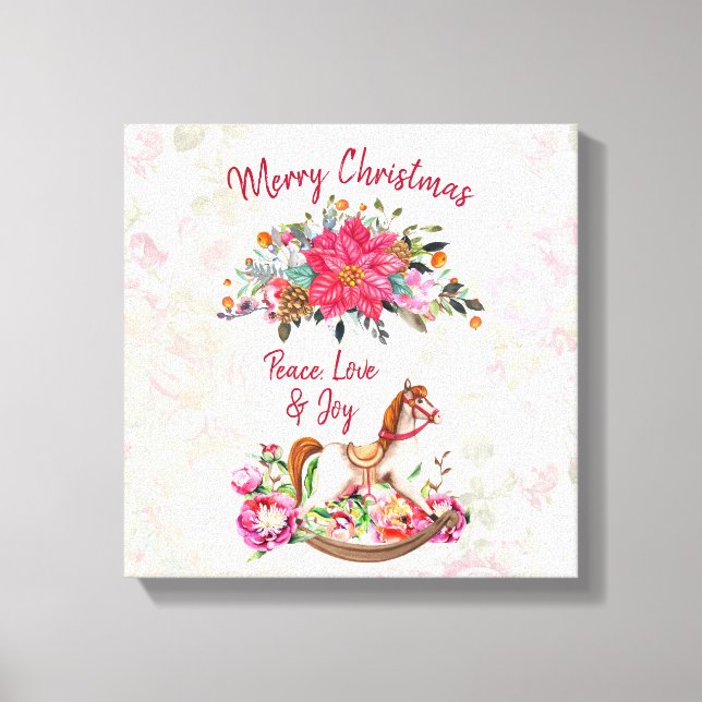 Victorian Rocking Horse & Poinsettia Christmas Canvas Print (Front)