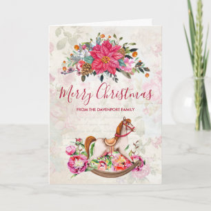 Victorian Rocking Horse & Poinsettia Christmas Card