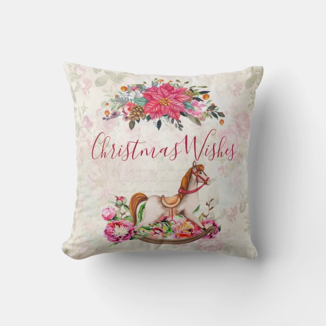 Victorian Rocking Horse & Poinsettia Christmas Cushion (Front)