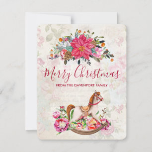 Victorian Rocking Horse & Poinsettia Christmas Holiday Card