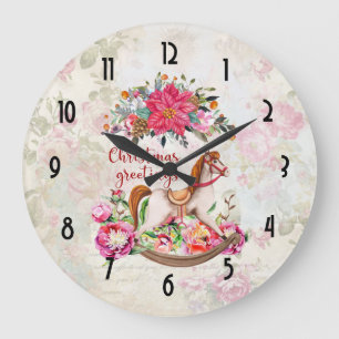 Victorian Rocking Horse & Poinsettia Christmas Large Clock