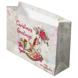 Victorian Rocking Horse & Poinsettia Christmas Large Gift Bag