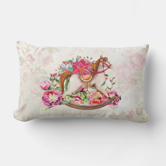 Victorian Rocking Horse & Poinsettia Christmas Lumbar Cushion (Front)