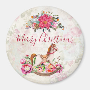Victorian Rocking Horse & Poinsettia Christmas Magnet