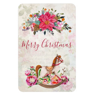 Victorian Rocking Horse & Poinsettia Christmas Magnet