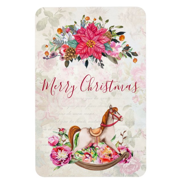 Victorian Rocking Horse & Poinsettia Christmas Magnet (Vertical)