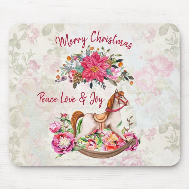 Victorian Rocking Horse & Poinsettia Christmas Mouse Mat (Front)
