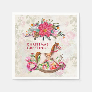 Victorian Rocking Horse & Poinsettia Christmas Napkin