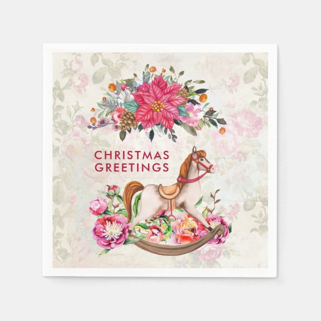 Victorian Rocking Horse & Poinsettia Christmas Napkin (Front)