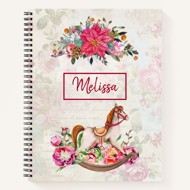 Victorian Rocking Horse & Poinsettia Christmas Notebook (Front)