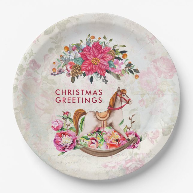 Victorian Rocking Horse & Poinsettia Christmas Paper Plate (Front)