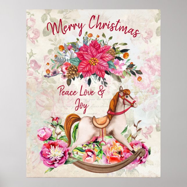 Victorian Rocking Horse & Poinsettia Christmas Poster (Front)