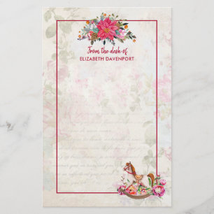 Victorian Rocking Horse & Poinsettia Christmas Stationery