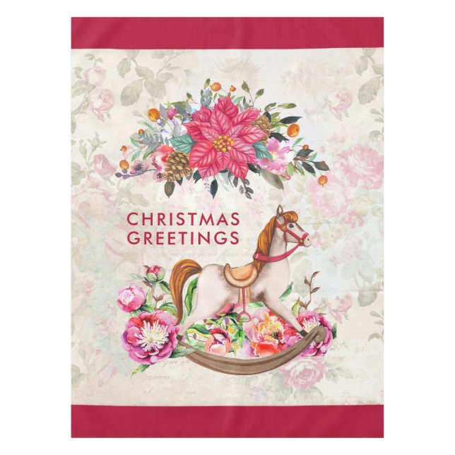 Victorian Rocking Horse & Poinsettia Christmas Tablecloth (Front)
