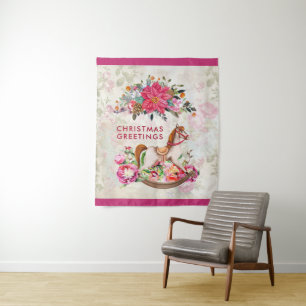 Victorian Rocking Horse & Poinsettia Christmas Tapestry