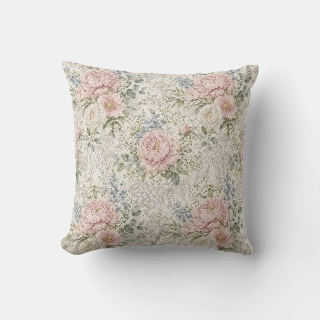 Victorian Romance: Blushing Peonies Delicate Lace Cushion (Front)