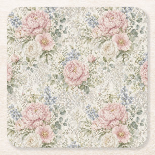 Victorian Romance: Blushing Peonies Delicate Lace Square Paper Coaster