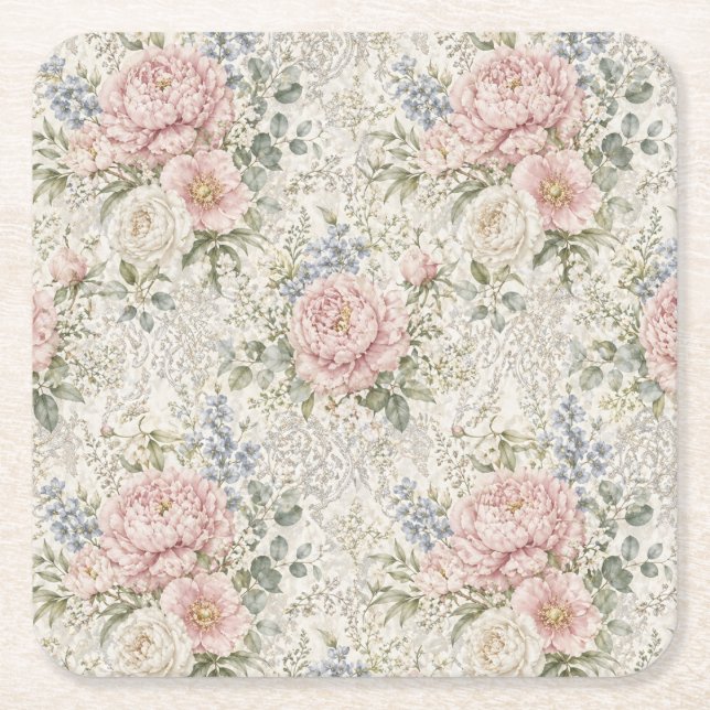 Victorian Romance: Blushing Peonies Delicate Lace Square Paper Coaster (Front)