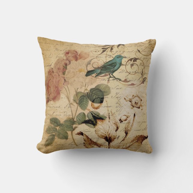 victorian rose bird Paris French Botanical Cushion (Front)