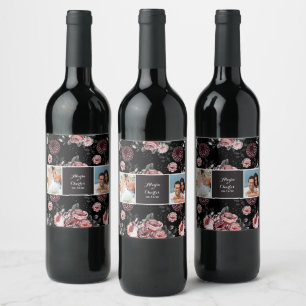 Victorian Rose Black Pink Wedding Photo Collage Wine Label