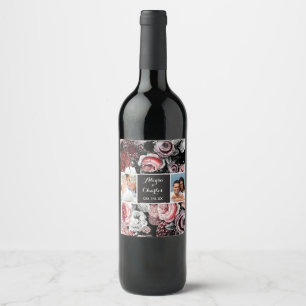 Victorian Rose Black Pink Wedding Photo Collage Wine Label