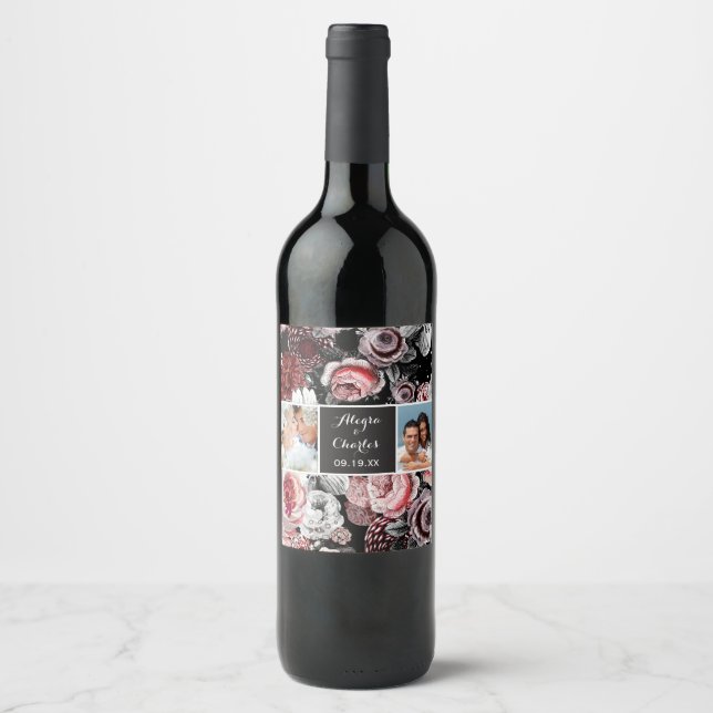 Victorian Rose Black Pink Wedding Photo Collage Wine Label (Front)
